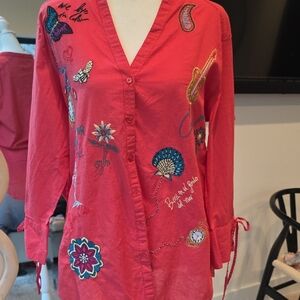 Desigual Embroidered V-Neck Coral Women’s Tunic Top